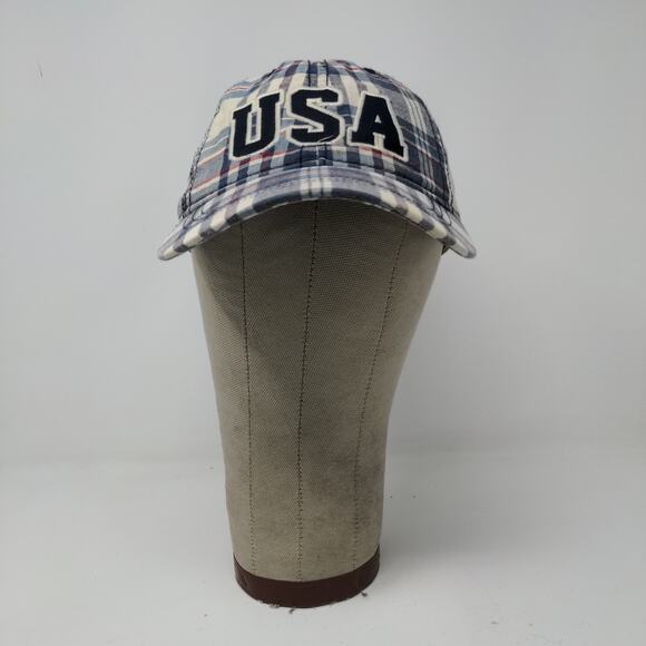 USA Patriotic Blue White Plaid Hat Strapback Cap Embroidered Spell Out - Picture 3 of 13